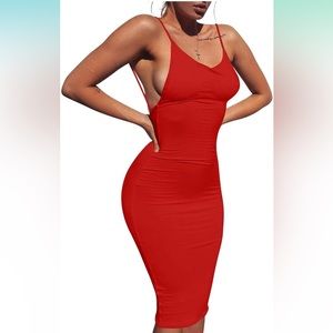 Backless bodycon spaghetti strap solid midi dress